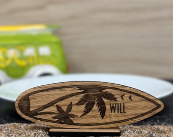 Surfboard Place Names Wooden Personalised, Beach Theme Wedding Favours, Small Childrens Wood Name Tags, Seaside Name Cards, Laser Cut