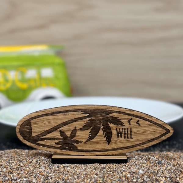 Surfboard Place Names Wooden Personalised, Beach Theme Wedding Favours, Small Childrens Wood Name Tags, Seaside Name Cards, Laser Cut