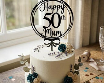Personalised 50th Cake Topper, Birthday Bow Acrylic Cake Decoration, Customised Age Cake Topper, 50th Birthday Party Decor, Topper with Name