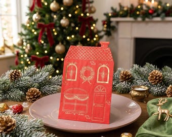Red Christmas House Paper Napkins, Luxury Festive Tableware for Christmas Dinner, Holiday Parties and Seasonal Celebrations, Set of 16
