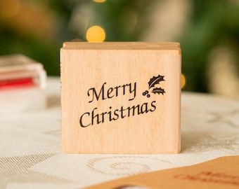 Merry Christmas Wooden Rubber Stamp, Holly Craft Stamps, DIY Christmas Crafts, Gift Tags, Scrapbooking Stamps, Merry Christmas Stamp