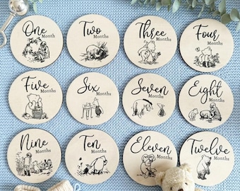 12 Wooden Baby Milestone Photo Discs, Winnie the Pooh Newborn Gift, Baby Shower Gift, Photography Prop, Keepsake Wood Gift for New Born Baby