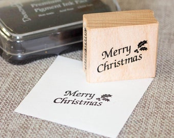 Merry Christmas Rubber Stamp & Black Ink Pad, Wooden Mounted Rubber Stamp, Festive Scrapbook Crafts, Christmas Crafts