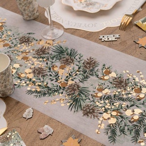 Gold Poinsettia Christmas Table Runner, Festive Table Runner, Green Christmas Table Decorations 3m