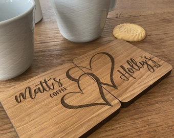 2 Wooden Personalised Heart Coasters, His Hers Wedding Keepsake Gift, Gift Ideas For Couples, Engagement Gift, 5th Anniversary Wood Gift