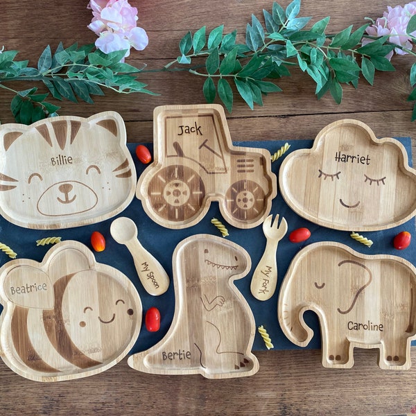 Eco Bamboo Baby Weaning Plate, Wooden Childrens Personalised Plate and Cutlery, Kids Wooden Cutlery, Childrens 1st Birthday Gift