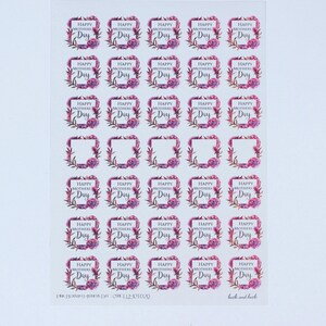 May include: A sheet of 25 stickers featuring a floral wreath design with the text "Happy Mothers Day" in a gray font. The stickers are printed on clear, glossy paper.