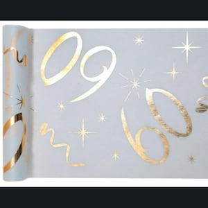May include: A roll of light blue party banner with gold foil accents. The banner features the numbers "09" and "60", along with starburst and ribbon designs. Suitable for a 60th birthday celebration.