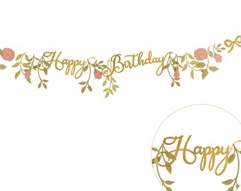 Roze en gouden bloemen banner Happy Birthday, achtergronddecoratie meisjesfeest, bloemenbanner 1,3 m