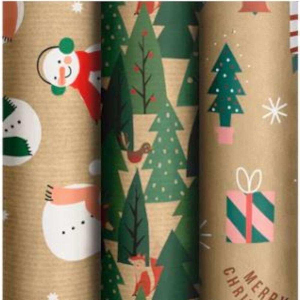 5m Merry Christmas Wrapping Paper Rolls Various Designs, Kraft