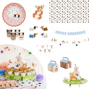 Stoviglie per feste a tema cani, Stoviglie con design a tema cani, Articoli per feste a tema cuccioli, Tovaglioli per feste a tema cani Piatti, Bicchieri, Palloncini, Topper