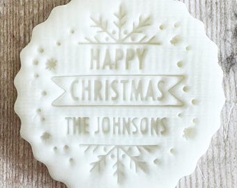 Personalised Happy Christmas Family Surname Fondant Embosser, Custom Cookie Biscuit Stamp, Festive Cake Decorating, Cupcake Icing Decoration