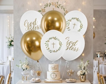 6 Gold And White God Bless Balloons, Christening Party Balloons, Religious Balloons, Baptism Balloon Decorations
