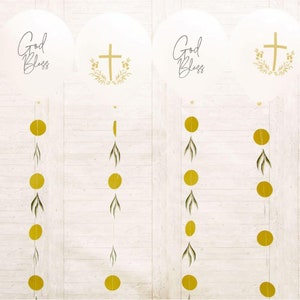Cross And God Bless Balloons With Tails 4 Religious Gold, Christening Balloons, Holy Communion Balloon Decorations, Childrens Baptism Party
