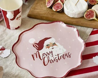8 Vintage Santa Claus Red and Pink Christmas Paper Plates, Holiday Party Tableware, Festive Christmas Table Decor