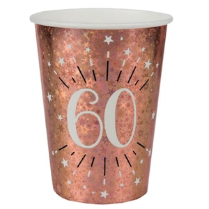 10 Rose Gold 60th Birthday Cups, Sparkling Foil 60th Party Cups, 60th Birthday Paper Cups, Milestone Age 60 Party Cups, Rose Gold Party