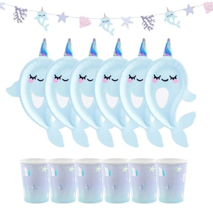 Narwhal Birthday Party Pack For 6 People, Narwhal Whale Birthday Decorations, Narwhal Party Plates Cups & Garland