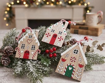 Wooden Gingerbread House Christmas Decorations, Rustic Tree Ornaments, Red Brown Festive Decor, Farmhouse Holiday Accents, Pack of 6