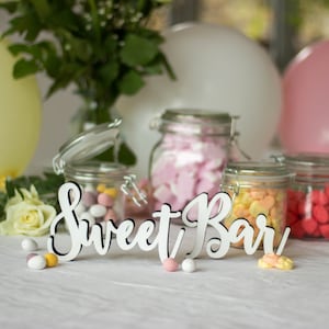 Wedding Sweet Bar Wooden Table Sign, White, Freestanding Table Decorations, Candy Table Sign, Wedding Decorations, Party Sign