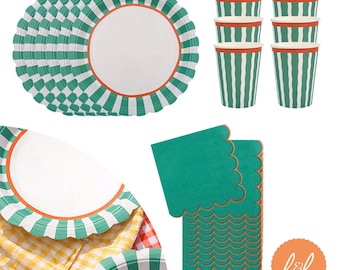 Green Striped Party Tableware Set, Paper Plates Cups and Napkins for Birthdays, Celebrations and Kids Parties (Party Pack for 6)