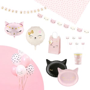 Articles de fête avec chat, Articles de fête avec animaux roses pour fille, Assiettes chat, Ballons tête de chat, Bougies chat, Guirlande suspendue chat, Gobelets chat rose, Décorations