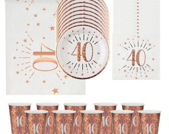 40th Birthday Party, Rose Gold 40th Birthday Tableware, 40th Birthday Cups Plates Napkins & Table Runner, Girls Milestone Birthday Party