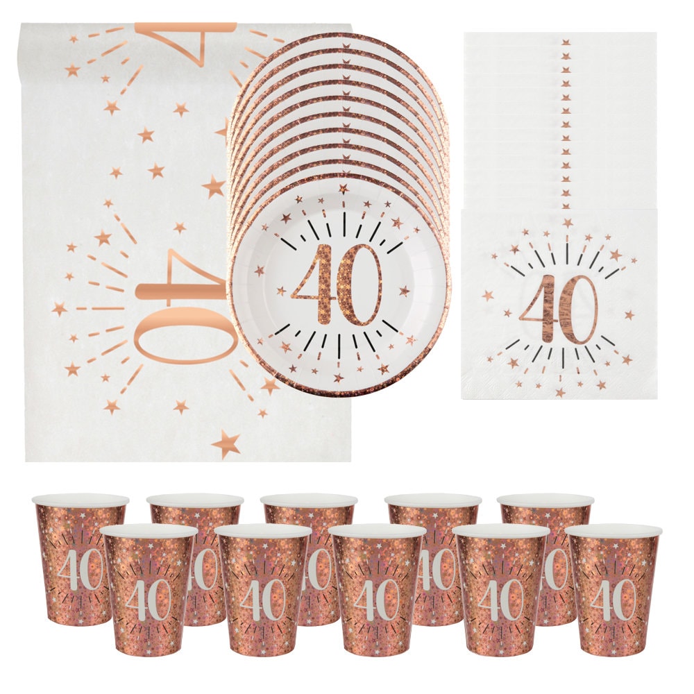 Roségold Partygeschirr Set Für 40. Geburtstag – Inkl. Teller, Becher, Servietten & Tischdecke Für 16 Gäste