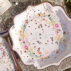 10 Floral Paper Plates With Rose Gold Edging, Floral Wedding Party Plates, Afternoon Tea Party Plates, Rose Gold Party Plates