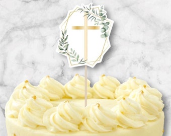 Gold Cross Cake Topper, Botanical Religious Ceremony Cake Decoration, Childrens Holy Communion Party, Botanical Party