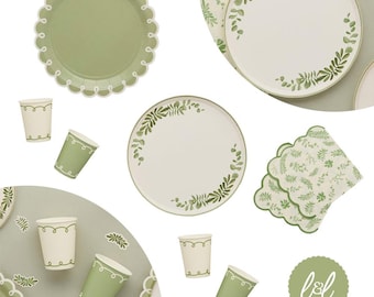 Green Botanical Party Supplies Set, Sage Paper Plates Napkins Cups, Botanical Baby Shower Decorations, Garden Party Tableware Eucalyptus