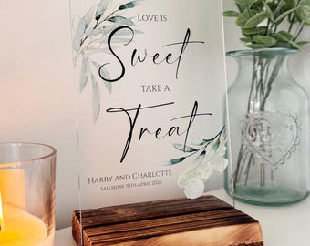 Personalised Botanical Love Is Sweet Sign, Acrylic Wedding Party Sweet Bar Sign, Sweet Cart Table Sign, Dessert Bar Sign, Cake Table Sign