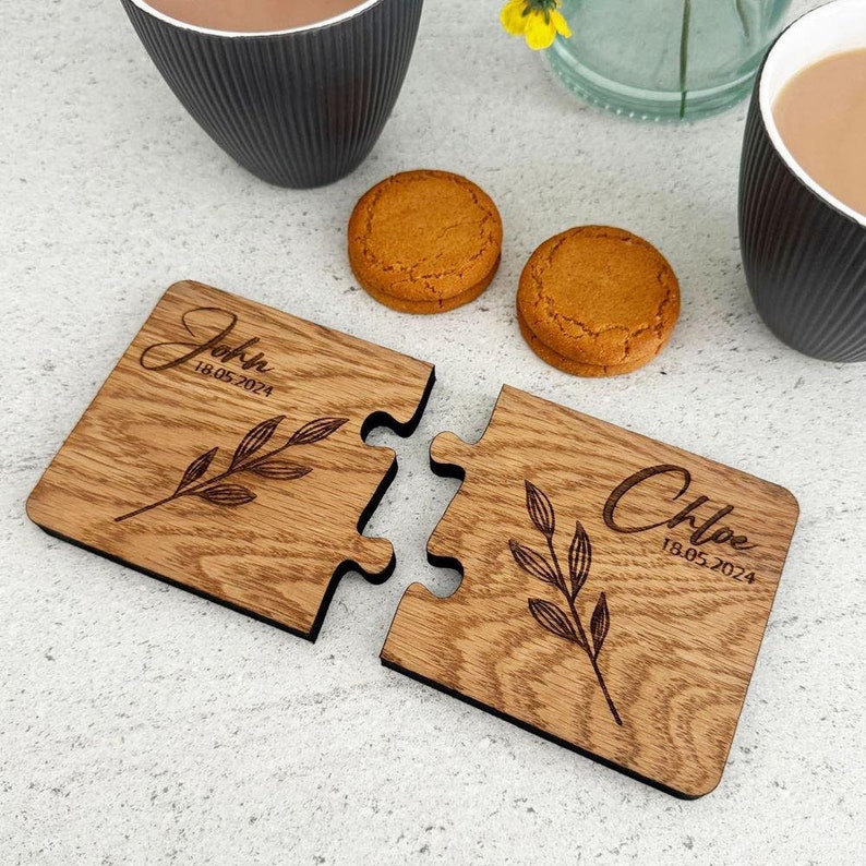 Personalised Coaster With Names Date, Leaf Design, Engraved Wooden Coaster, His Her Gift, Mr Mrs Gift, Anniversary Wedding Gift, Set Of 2 image 3