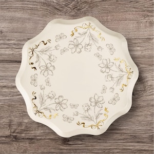 6 Ivory Floral Design Party Plates, Elegant Disposable Plates for Tea Parties, Birthdays & Garden Events