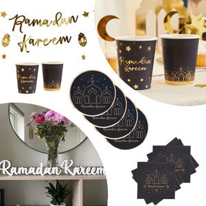 Ramadan Kareen Party Tableware, Eid Ramadan Decorations Table Sign, Ramadan Plates Cups Napkins, Gold Ramadan Partyware Options