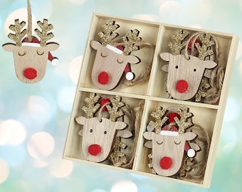 Wooden Christmas Tree Decorations, Wooden Reindeer With Gold Antlers Christmas Tree Baubles, Christmas Decorations, Hanging Decorations, X8
