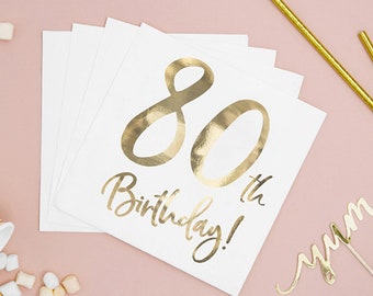 20 servilletas de papel doradas para 80 cumpleaños, servilletas para fiesta de 80 años, servilletas doradas para 80 cumpleaños, servilletas para cumpleaños importantes, vajilla dorada para cumpleaños