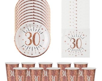 Rose Gold 30th Birthday Party Tableware Set, Sparkle Plates Cups & Napkins, Age 30 Decorations, Milestone Birthday Party Pack for 10