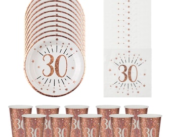 Pack de fête du 30e anniversaire pour 10 personnes, vaisselle du 30e anniversaire en or rose, assiettes de fête du 30e anniversaire, serviettes en papier du 30e anniversaire, gobelets de fête en papier du 30e anniversaire