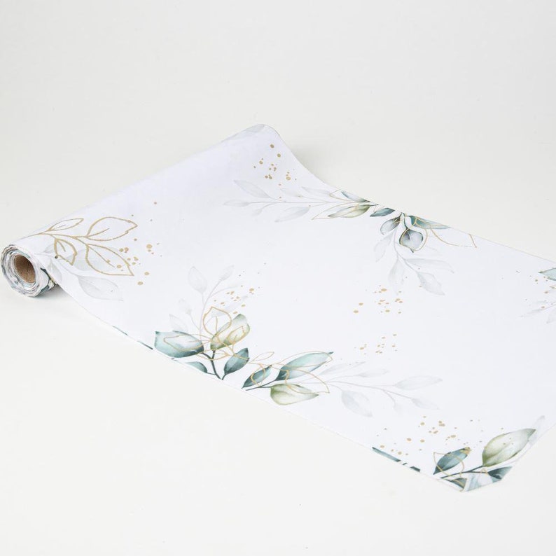 Botanical White Gold Green Foliage Fabric Table Runner, Wedding Table Decoration, Green Gold Table Runner, Party Table Decoration 5m image 4