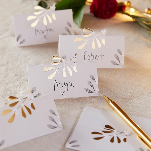 12 Botanical Mistletoe Place Cards, Christmas Table Place Card, Mistletoe Table Decorations, Christmas Name Setting Cards