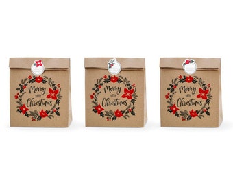 Merry Little Christmas Kraft Gift Bags with Stickers (Set of 3)