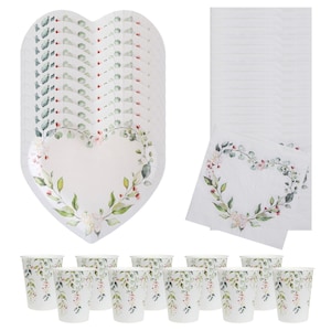 Confezione da 10 pezzi per feste Botanical Heart, set di piatti, tazze e tovaglioli per matrimoni, stoviglie eleganti, articoli per feste in carta