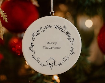 Merry Christmas Wreath Porcelain Bauble, Flat Christmas Tree Ornament, Botanical Hanging Decoration, Festive Keepsake Gift