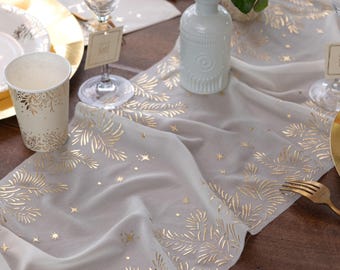 Ivory Gold Leaves Table Runner, Elegant Holiday Table Decor, Festive Christmas Runner for Dining Table, Parties & Events, 2.5m