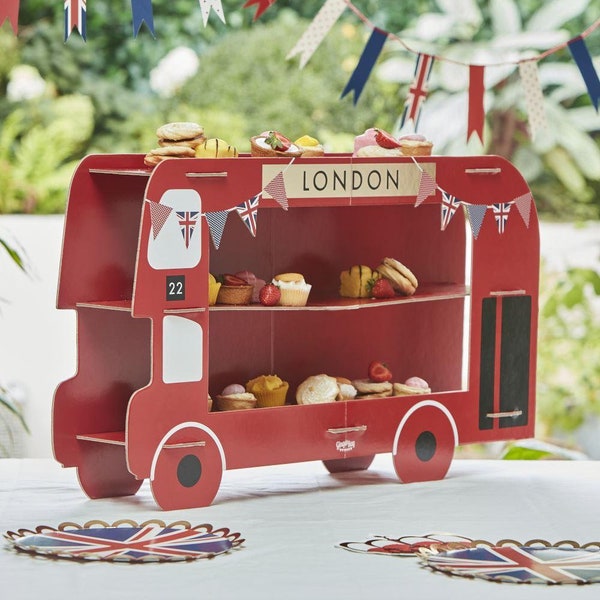 Kings Coronation London Bus Treat Stand, Street Party Cupcake Sandwich Stand, Union Jack Party Centrepiece, British Theme Party