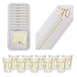 Gold 70th Birthday Party Pack With Plates Napkins And Cups, 70th Birthday Tableware, 70th Party Decorations, Gold 70th Party Set