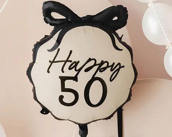Globo de fiesta de cumpleaños número 50, globo de aluminio con la frase "Happy 50", decoración para fiesta número 50, globo blanco y negro para fiesta número 50, globo para fiesta de 50 años