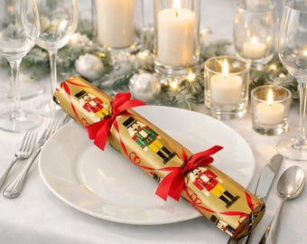 Vintage Nutcracker Christmas Crackers, Gold Red Festive Paper Tableware, 30cm Crackers with Wooden Nutcracker Decoration, Set of 6