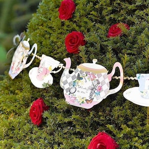 Alice In Wonderland Bunting, Teapot Garland Party Decoration, Wedding Decor, Afternoon Tea Party Decorations, Mad Hatters Tea Party