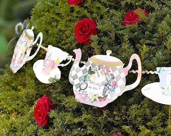 Alice In Wonderland Bunting, Teapot Garland Party Decoration, Wedding Decor, Afternoon Tea Party Decorations, Mad Hatters Tea Party